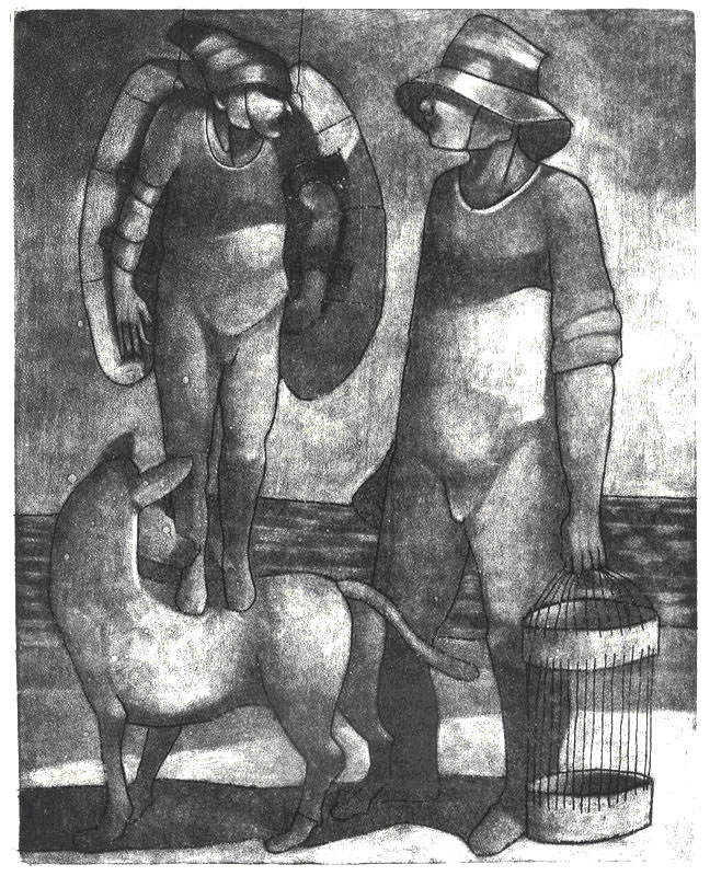 Jorge Crespo etching and aquatint: Cazador de Pájaros y Esfinge (Bird Hunter and Sphinx)